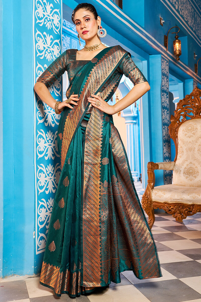 Prominent Rama Banarasi Silk Saree With Blissful Blouse Piece - Colorful Saree