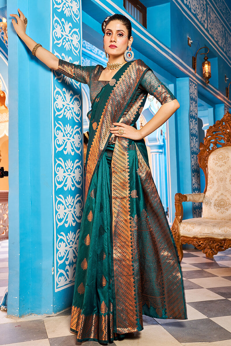 Prominent Rama Banarasi Silk Saree With Blissful Blouse Piece - Colorful Saree