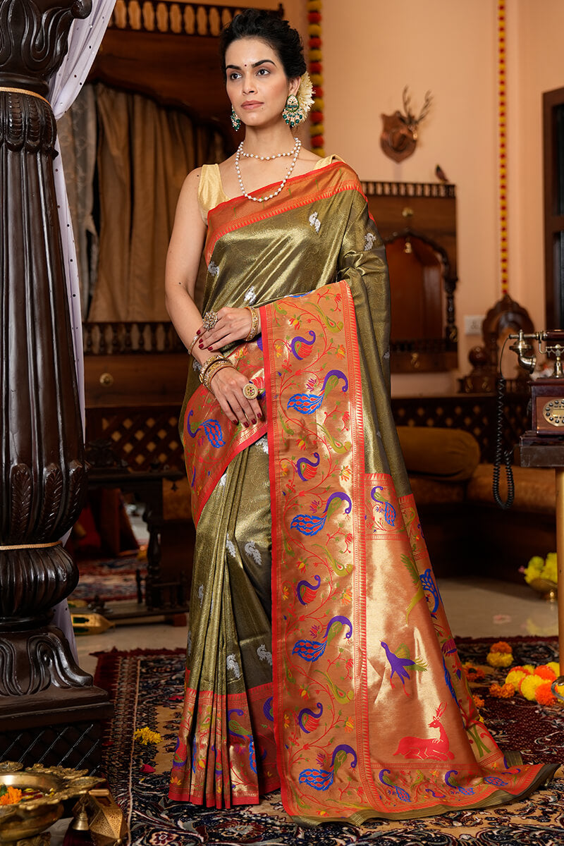 Staring Mehndi Paithani Silk Saree With Super classy Blouse Piece - Colorful Saree