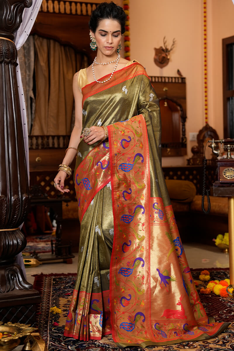 Staring Mehndi Paithani Silk Saree With Super classy Blouse Piece - Colorful Saree