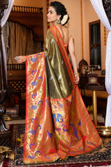 Staring Mehndi Paithani Silk Saree With Super classy Blouse Piece - Colorful Saree