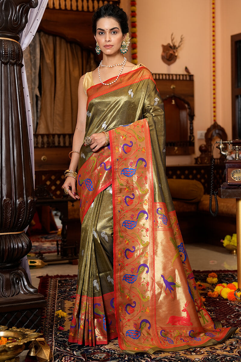 Staring Mehndi Paithani Silk Saree With Super classy Blouse Piece - Colorful Saree