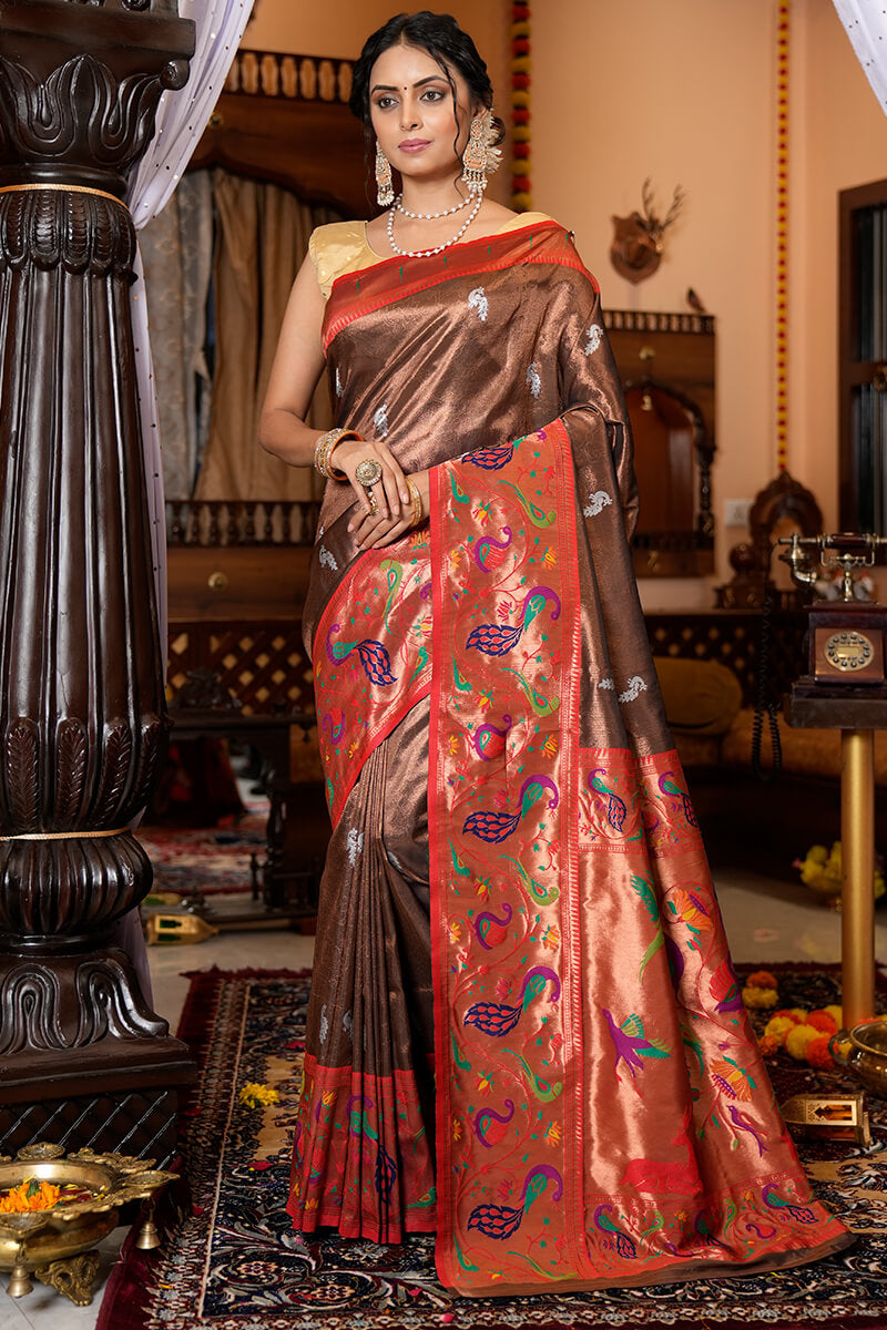 Flaunt Wine Paithani Silk Saree With Elision Blouse Piece - Colorful Saree