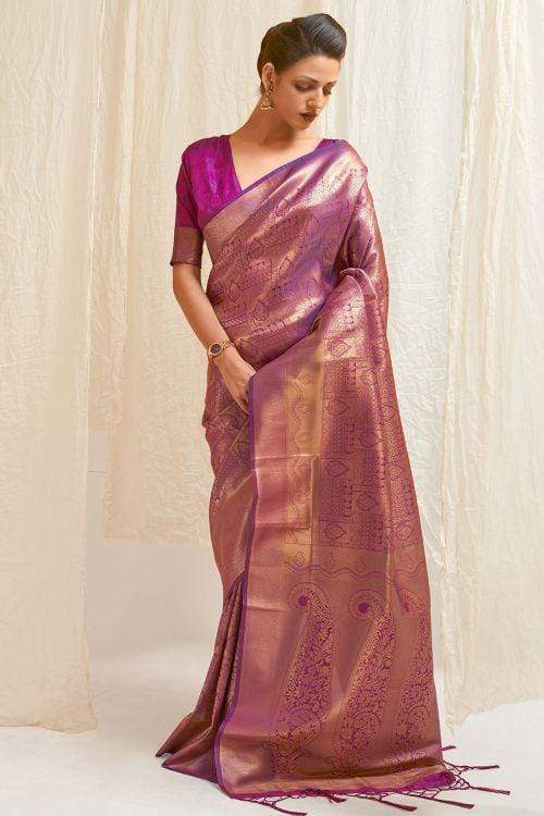 Marvellous Purple Kanjivaram Silk Saree With Engaging Blouse Piece - Colorful Saree