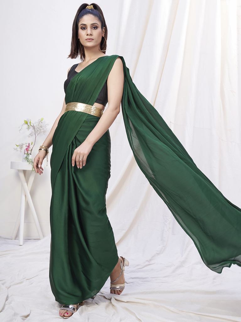 Bottle Green Pre-Stitched Blended Silk Saree - Colorful Saree