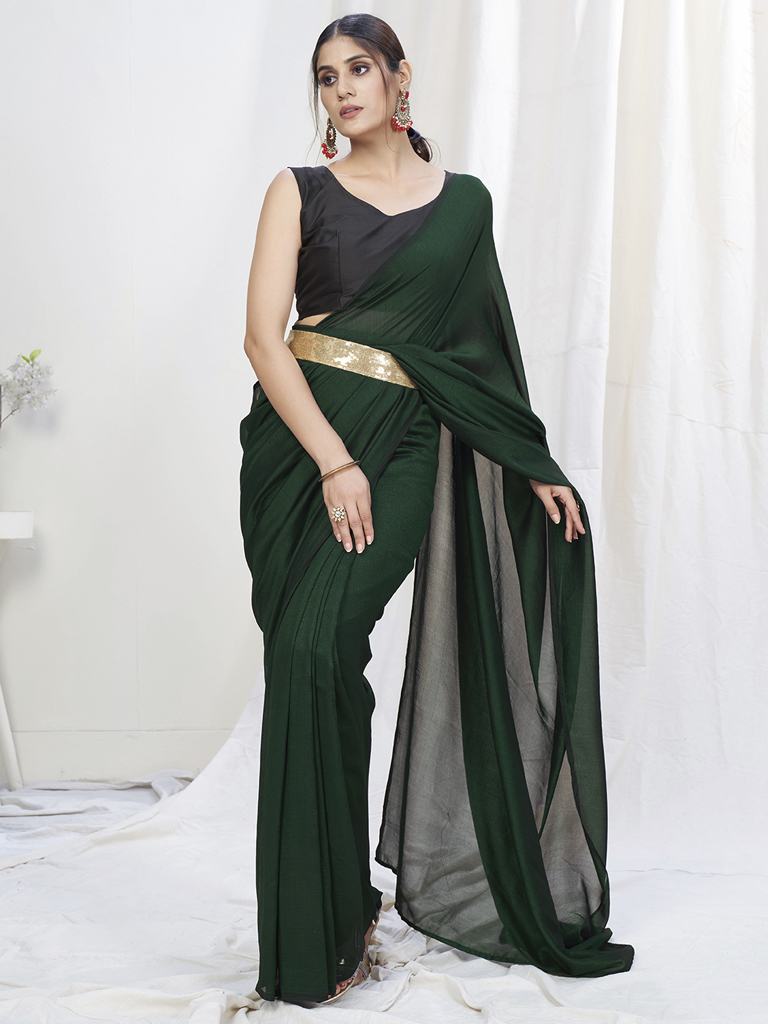 Bottle Green Ready to Wear One Minute Lycra Saree - Colorful Saree