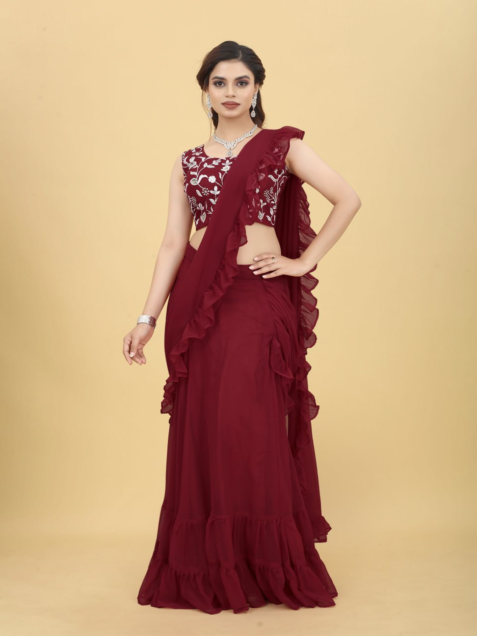 Charming Maroon Color Ruffle Style lehenga Saree - Colorful Saree