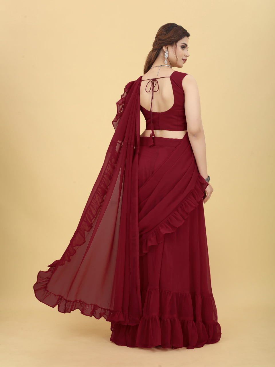 Charming Maroon Color Ruffle Style lehenga Saree Colorful Saree
