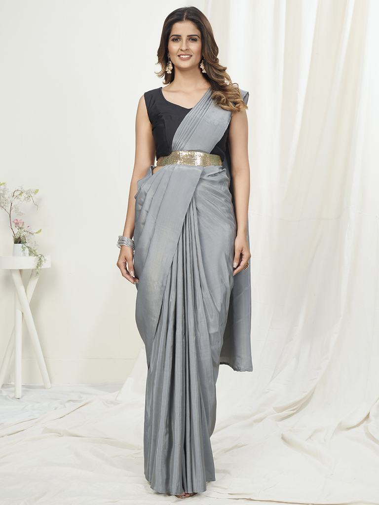 Dove Grey Ready to Wear One Minute Saree In Satin Silk - Colorful Saree