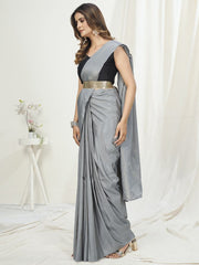 Dove Grey Ready to Wear One Minute Saree In Satin Silk - Colorful Saree