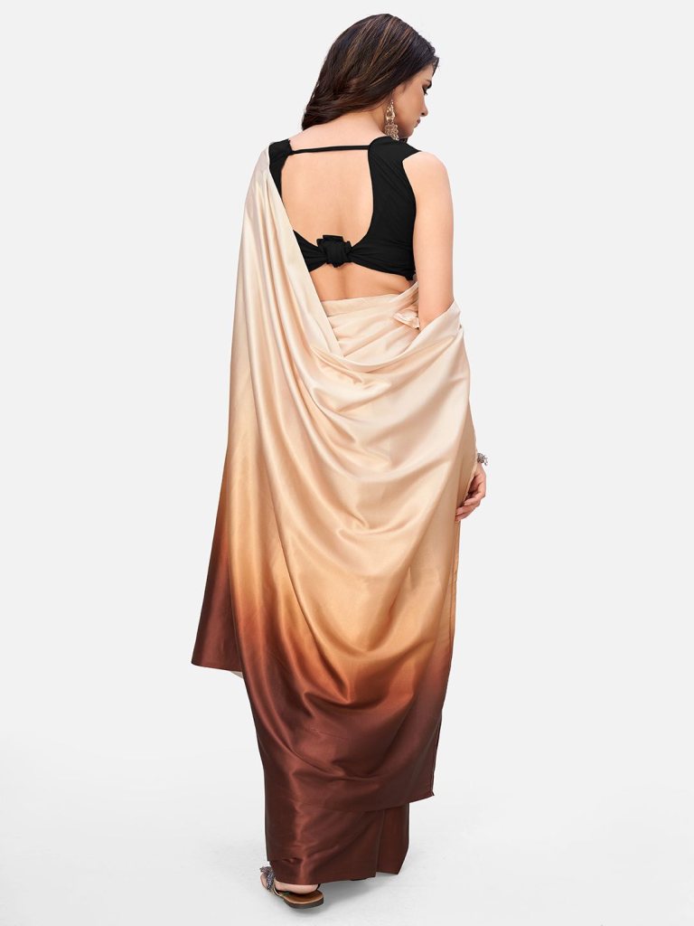 Dreamy Brown and Beige Satin Ready to wear Saree - Colorful Saree