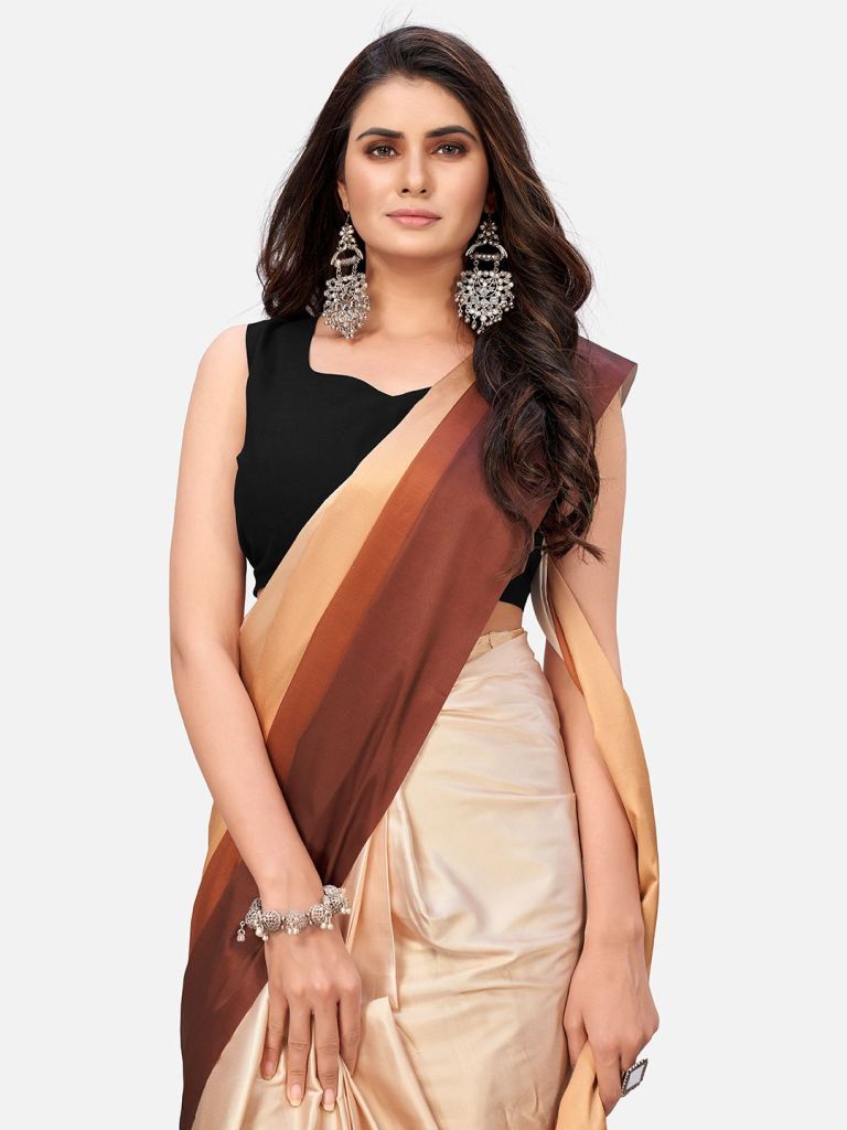 Dreamy Brown and Beige Satin Ready to wear Saree - Colorful Saree