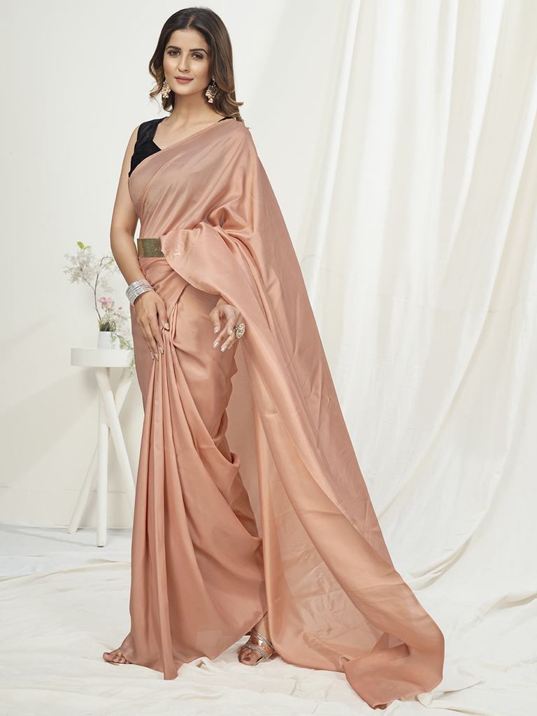 Flamingo Pink Ready to Wear One Minute Saree In Satin Silk - Colorful Saree