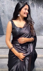 Satin Saree in Dark Gray Color with Unstitched Sequence Blouse - Colorful Saree