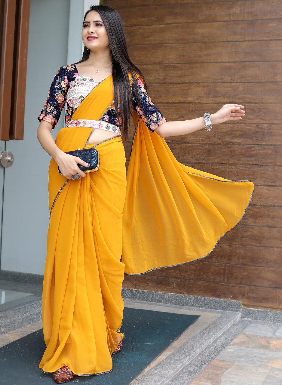 Glamourous Yellow Color Saree With Stitched Blouse - Colorful Saree