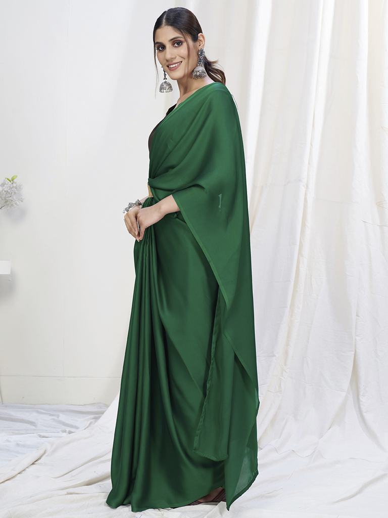 Grass Green Ready to Wear One Minute Lycra Saree - Colorful Saree