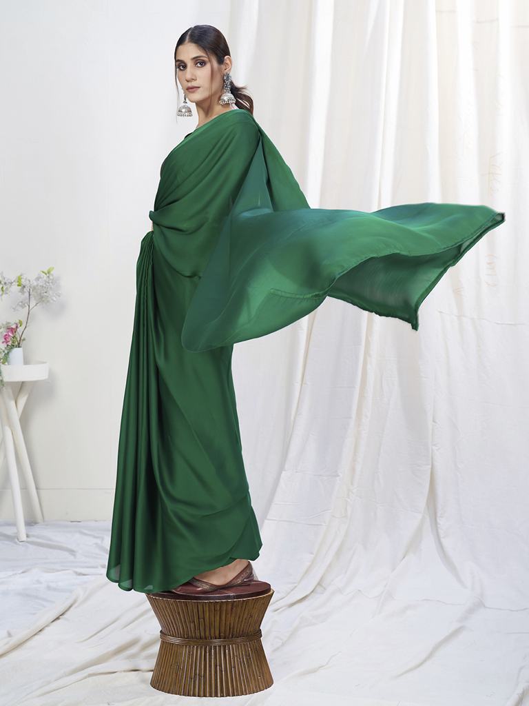 Grass Green Ready to Wear One Minute Lycra Saree - Colorful Saree