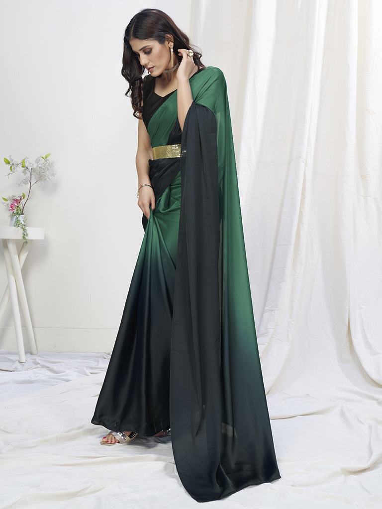 Green-Black Ready to Wear One Minute Lycra Saree - Colorful Saree