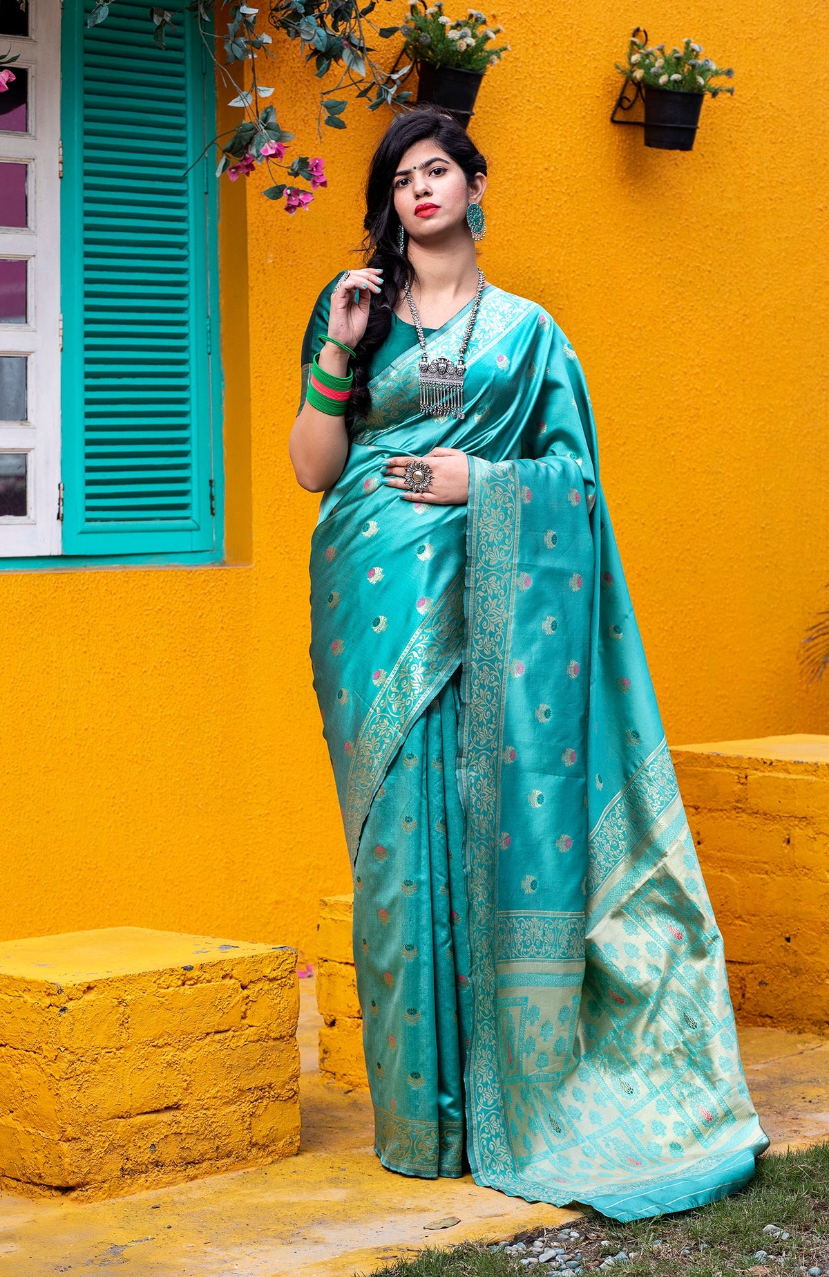 Green Golden Banarasi Silk Festival Wear Saree With Blouse - Colorful Saree