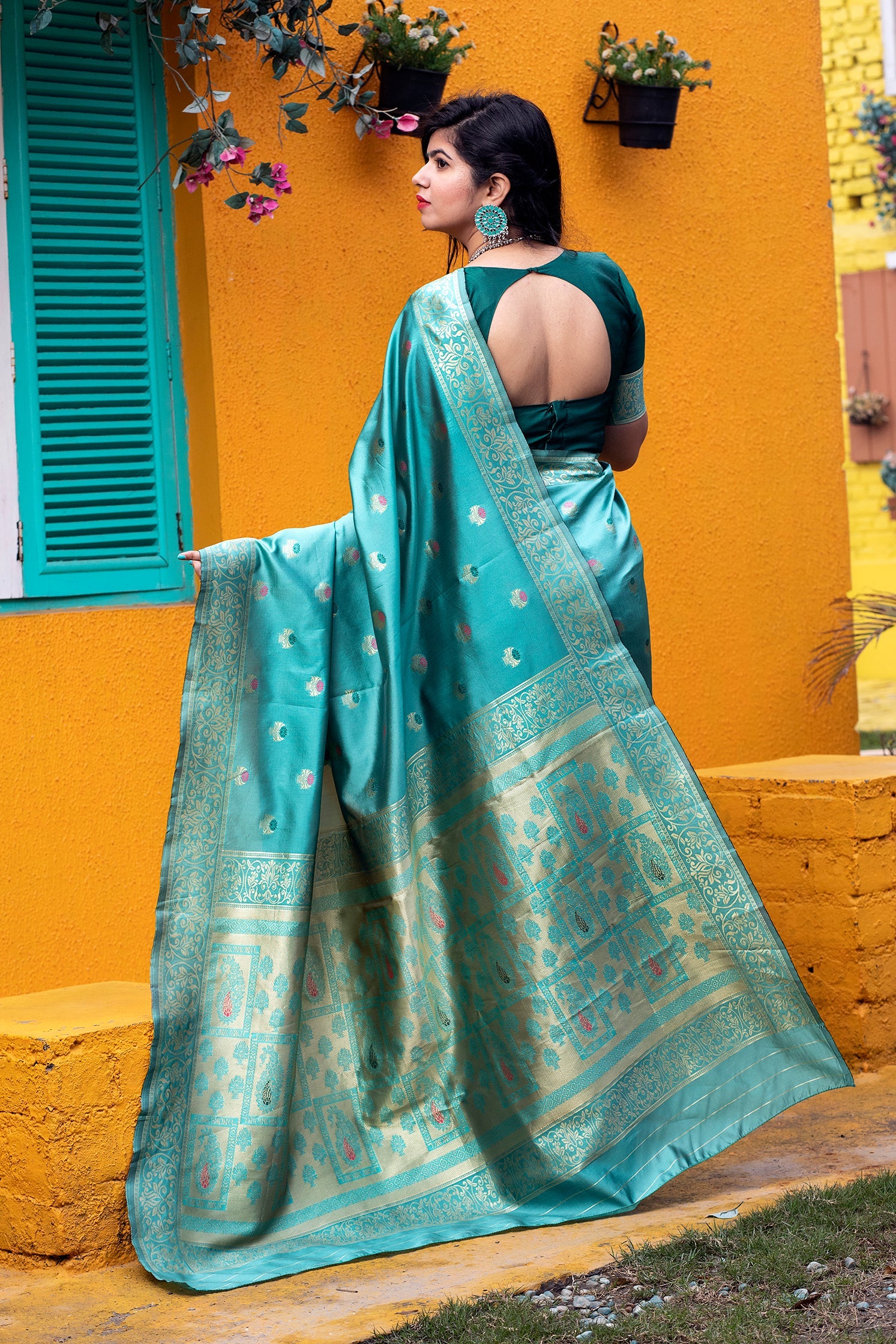 Green Golden Banarasi Silk Festival Wear Saree With Blouse - Colorful Saree