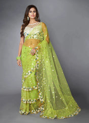 Green Ruffle Saree with Heavy Embroidery Work for Wedding - Colorful Saree