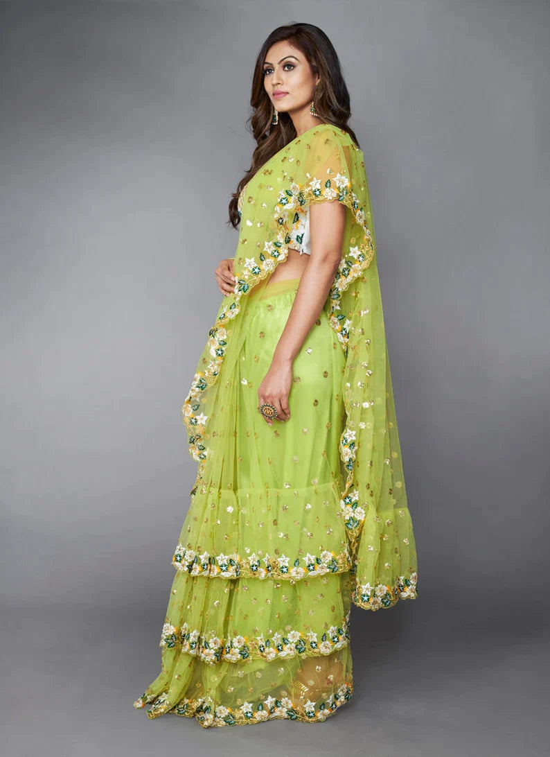Green Ruffle Saree with Heavy Embroidery Work for Wedding - Colorful Saree