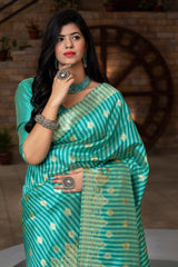Green Striped Banarasi Silk Festival Wear Saree With Blouse - Colorful Saree