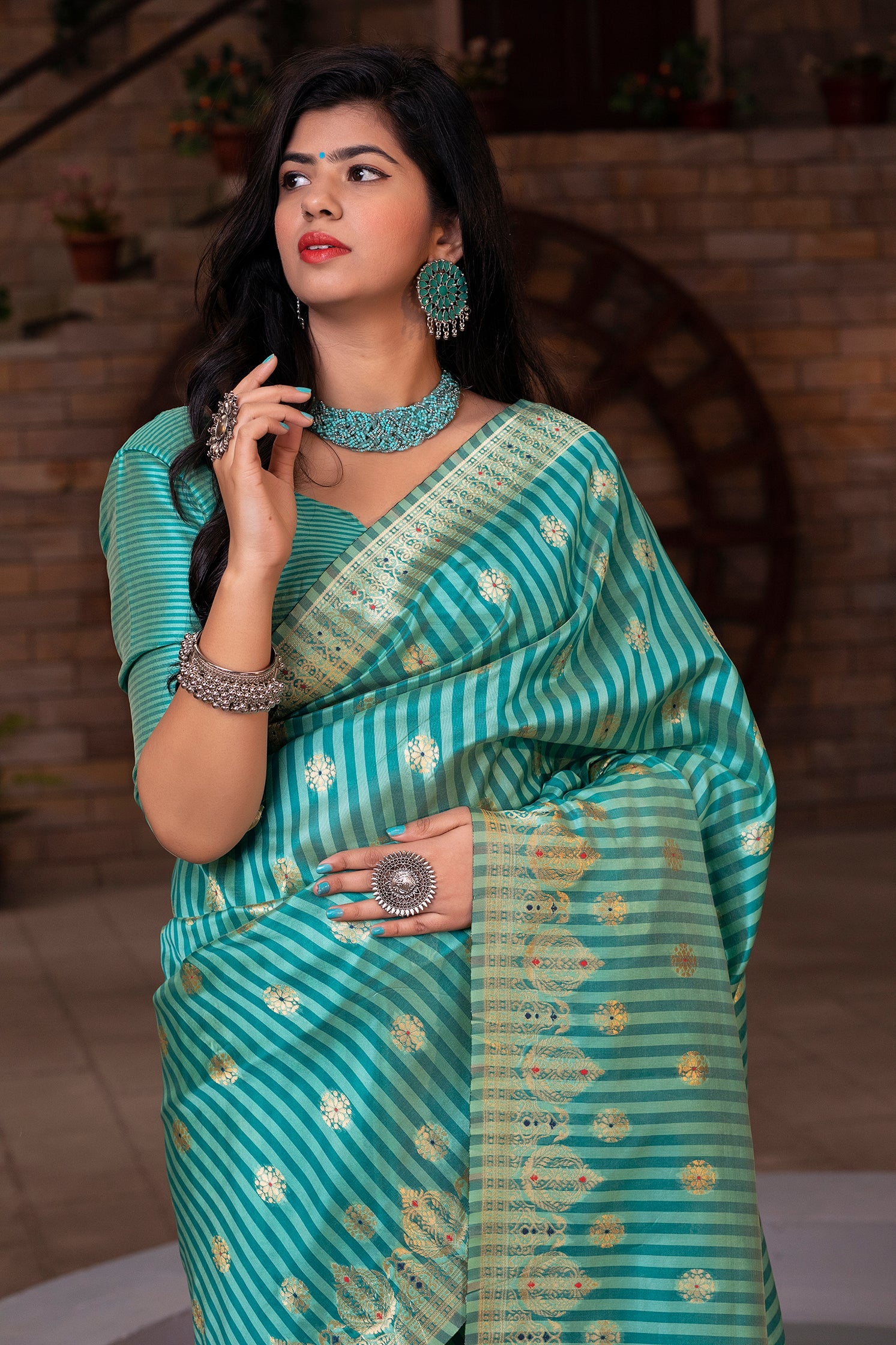 Green Striped Banarasi Silk Festival Wear Saree With Blouse - Colorful Saree