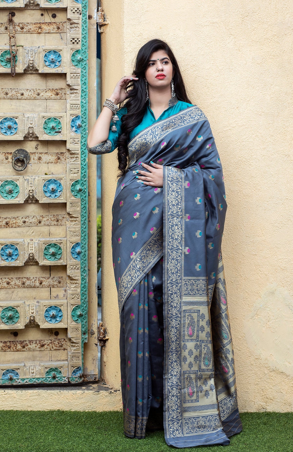 Grey-Blue Banarasi Silk Festival Wear Saree With Blouse - Colorful Saree