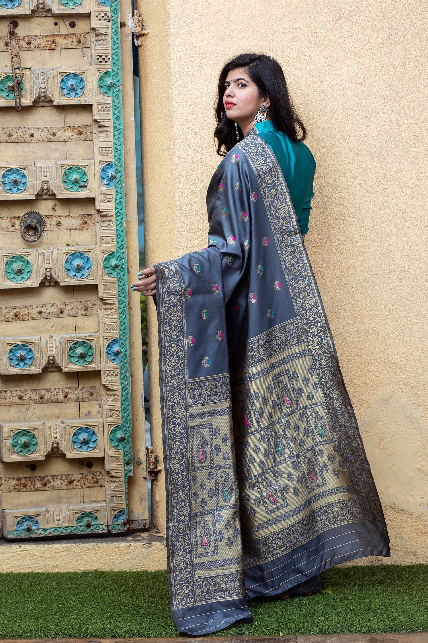 Grey-Blue Banarasi Silk Festival Wear Saree With Blouse - Colorful Saree