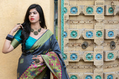 Grey Heavy Bordered Banarasi Silk Wedding Wear Saree With Blouse - Colorful Saree