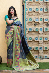 Grey Heavy Bordered Banarasi Silk Wedding Wear Saree With Blouse - Colorful Saree