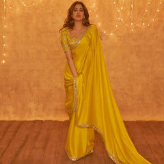 Hot Yellow Embroidered Saree With Sequins Work - Colorful Saree