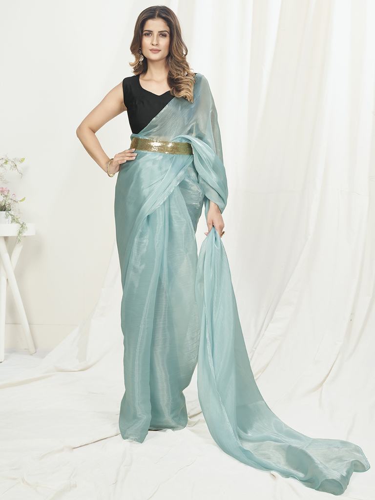 Ice Blue Ready to Wear One Minute Saree In Satin Silk - Colorful Saree