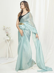 Ice Blue Ready to Wear One Minute Saree In Satin Silk - Colorful Saree