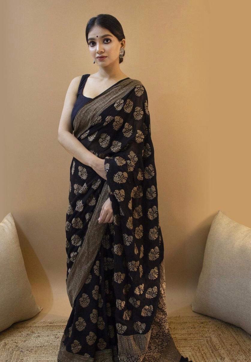 Opulent Black Soft Silk Saree With Snappy Blouse Piece - Colorful Saree