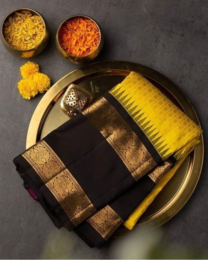 Sizzling Yellow Soft Banarasi Silk Saree With Magnetic Black Blouse Piece - Colorful Saree