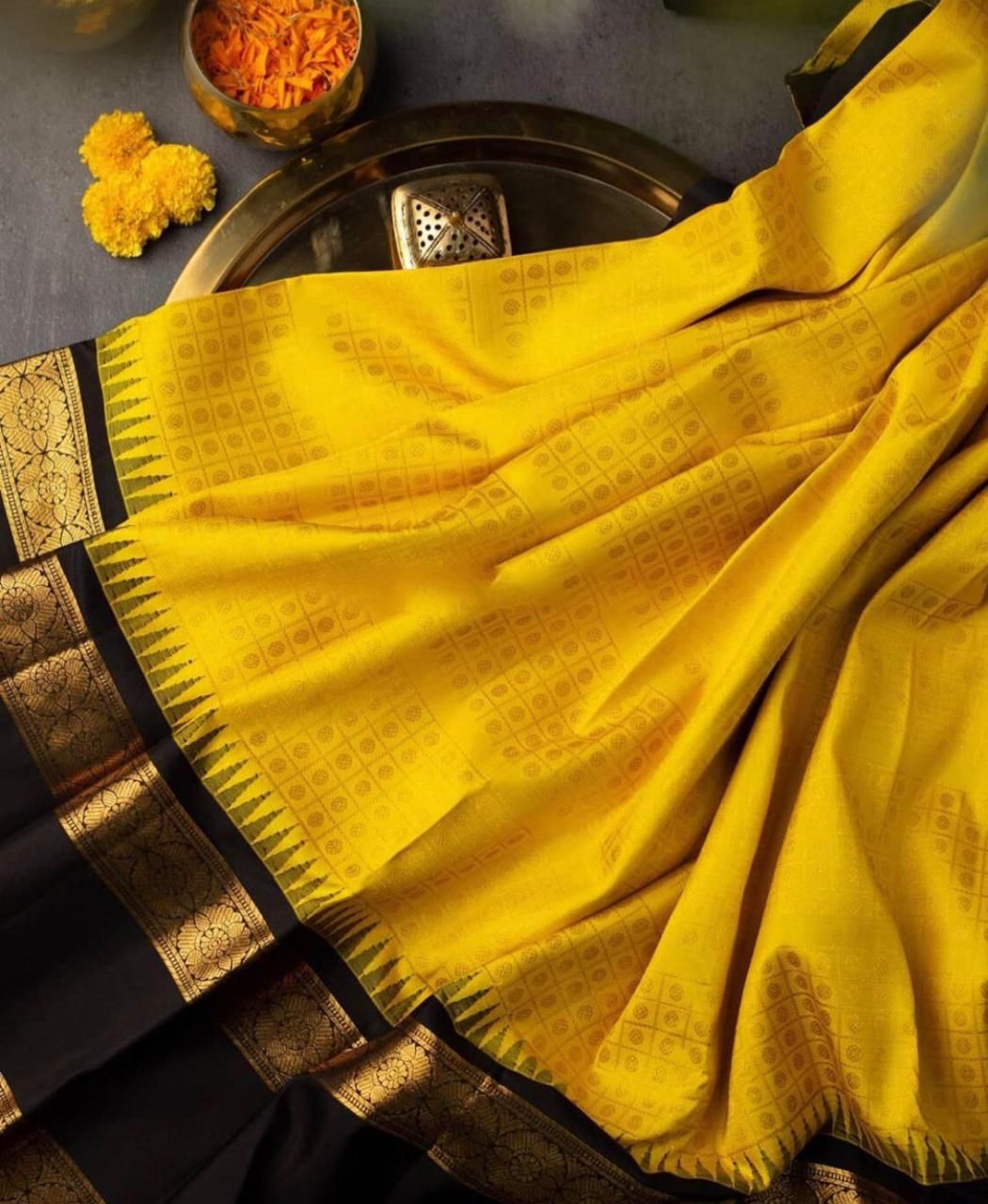Sizzling Yellow Soft Banarasi Silk Saree With Magnetic Black Blouse Piece - Colorful Saree