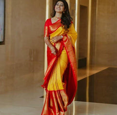 Serendipity Yellow Soft Banarasi Silk Saree With Exuberant Blouse Piece - Colorful Saree