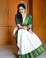 Adorable Off White Soft Banarasi Silk Saree With Desirable Blouse Piece - Colorful Saree