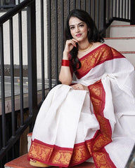 Adorable Off White Soft Banarasi Silk Saree With Majesty Blouse Piece - Colorful Saree