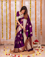 Superb Purple Soft Banarasi Silk Saree With Luxuriant Blouse Piece - Colorful Saree