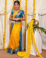 Majesty Yellow Soft Banarasi Silk Saree With Angelic Blouse Piece - Colorful Saree