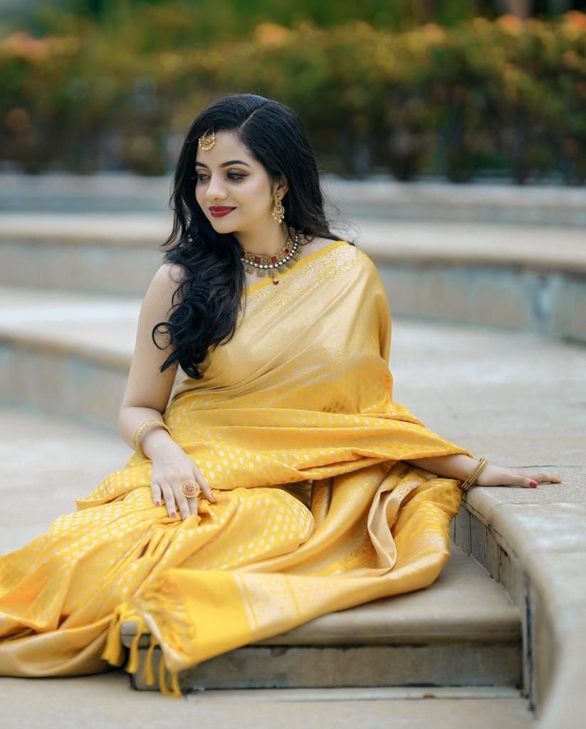 Glittering Yellow Soft Banarasi Silk Saree With Sensational Blouse Piece - Colorful Saree