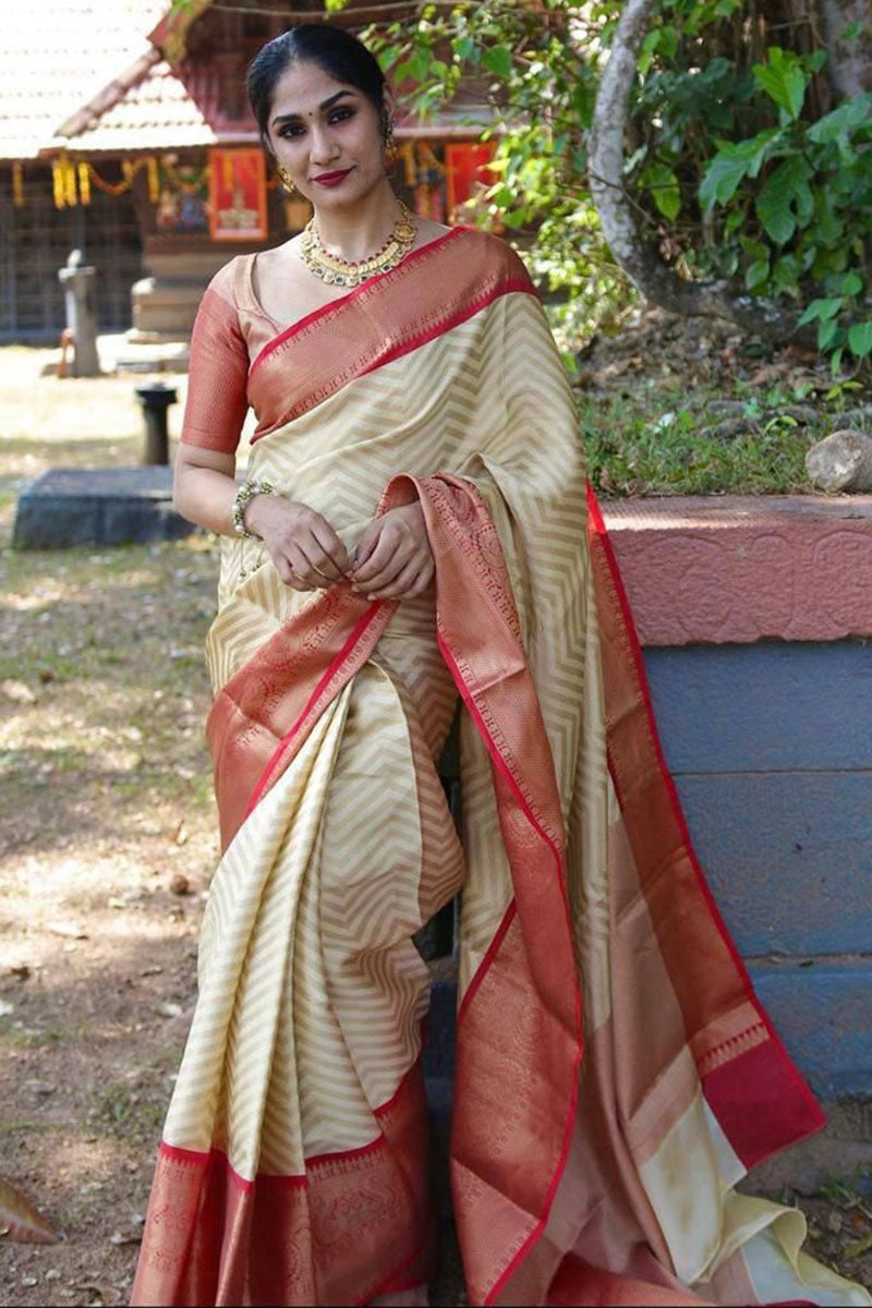 Excellent Beige Soft Silk Saree With Flaunt Blouse Piece - Colorful Saree