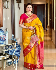Dissemble Yellow Soft Banarasi Silk Saree With Blissful Blouse Piece - Colorful Saree