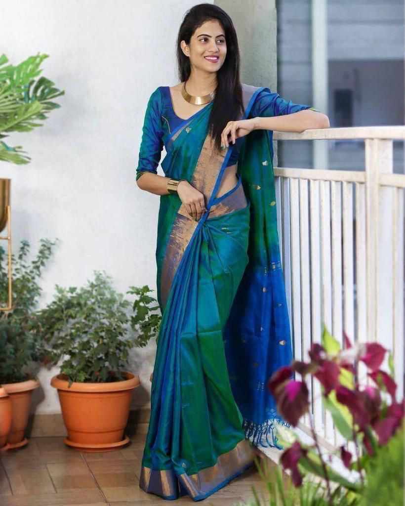 Designer Rama Soft Silk Saree with Invaluable Blouse Piece - Colorful Saree