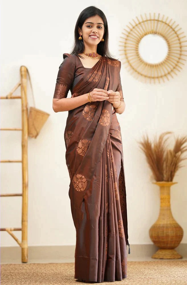 Vestigial Brown Soft Silk Saree With Confounding Blouse Piece - Colorful Saree