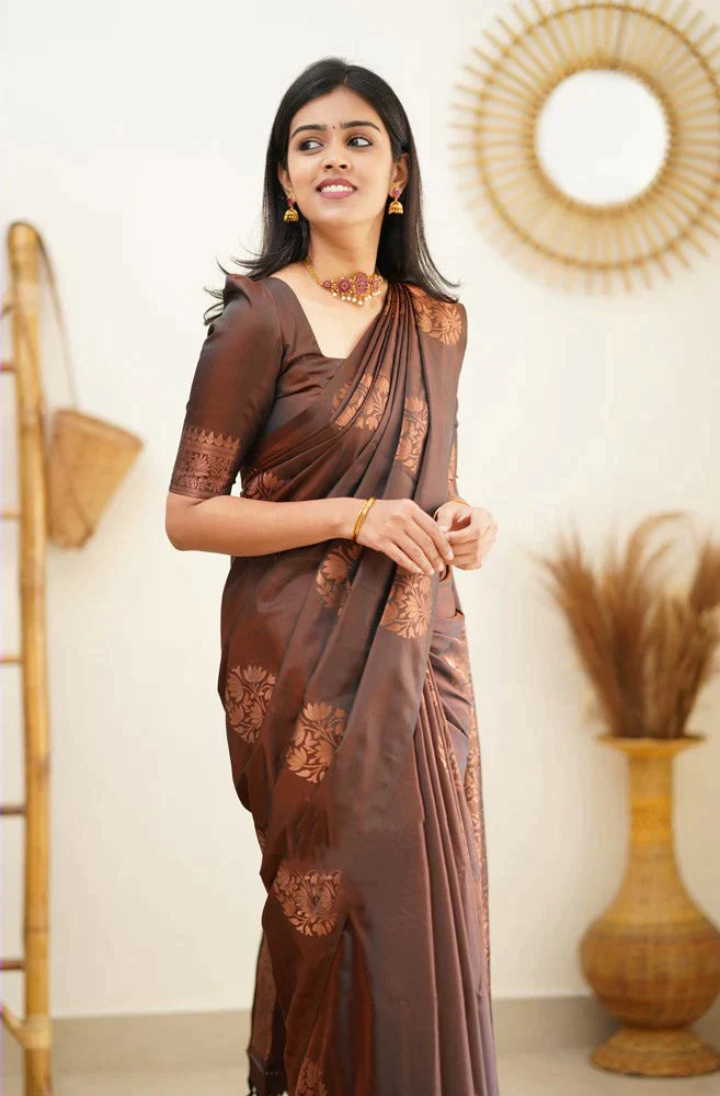 Vestigial Brown Soft Silk Saree With Confounding Blouse Piece - Colorful Saree