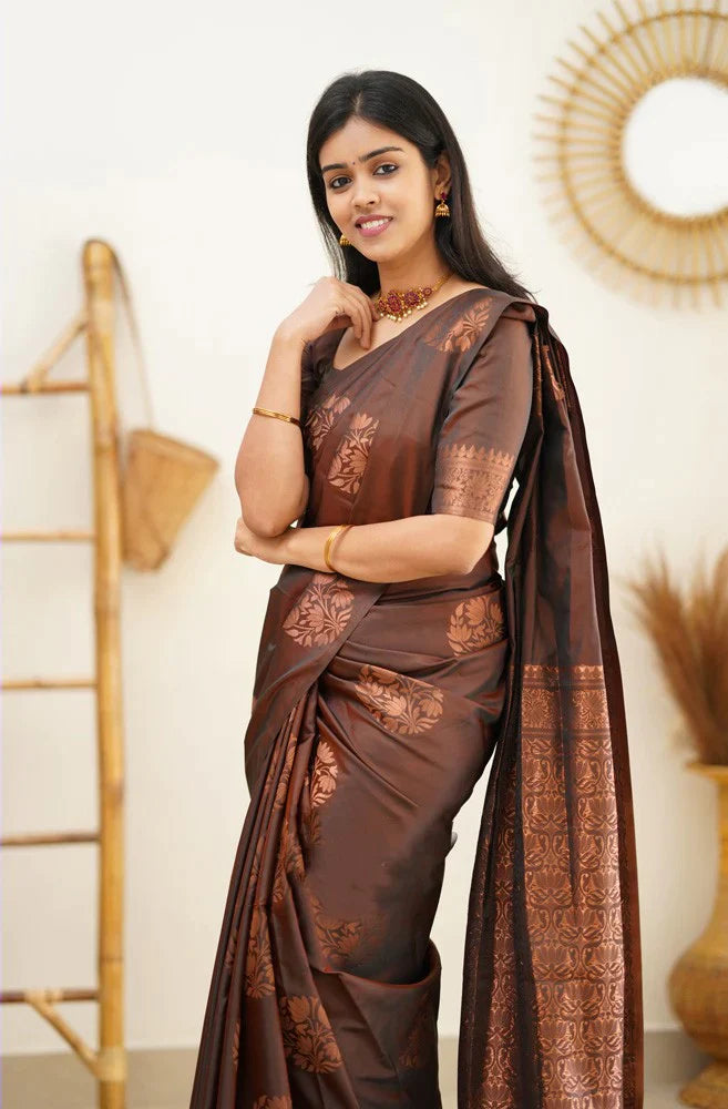 Vestigial Brown Soft Silk Saree With Confounding Blouse Piece - Colorful Saree